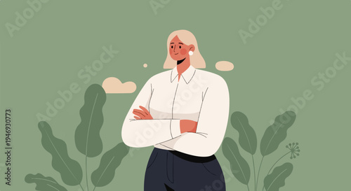 A blonde woman in a white shirt and dark pants with arms crossed stands before stylized plants and clouds
