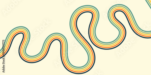 Abstract colorful 70s background vector. Vintage retro wallpaper with rainbow stripes and wavy lines.