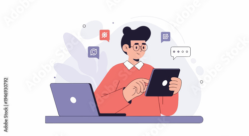 Person with tablet and laptop, abstract shapes, speech bubbles, modern illustration style