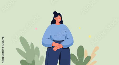A woman with dark hair tied up in a bun, wearing a blue sweater and dark pants, stands amidst abstract greenery