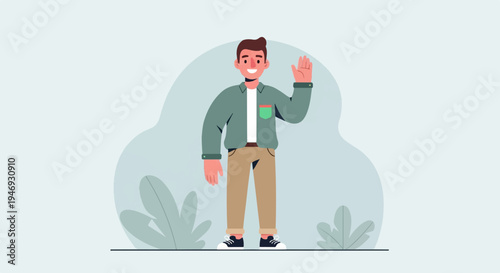 Young man in casual clothes waves hello against a soft, abstract background with foliage