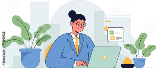 Person in blue suit and yellow tie working on laptop, office plants, checkmark, play button