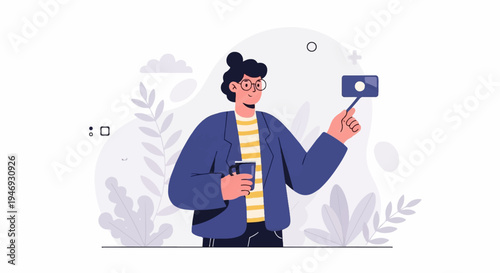 Person holding a mug and selfie stick with abstract plants in the background