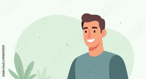 A cheerful man with brown hair, a blue shirt, and a pleasant expression, surrounded by green