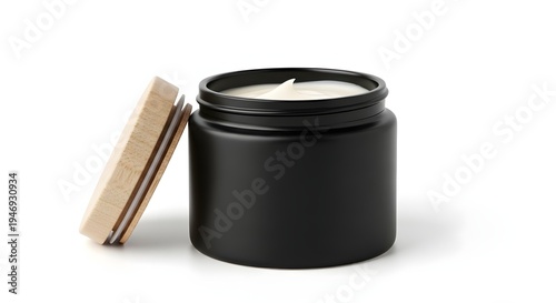 Matte black ceramic jar with wooden lid slightly open cream visible minimal skincare product shot