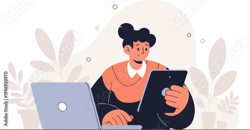 Person working on laptop and tablet surrounded by plants