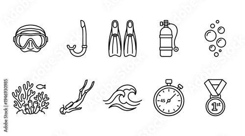 A collection of clean line art icons representing scuba diving and water sports, including mask, snorkel, fins, tank, bubbles, coral, diver, wave, stopwatch and medal.