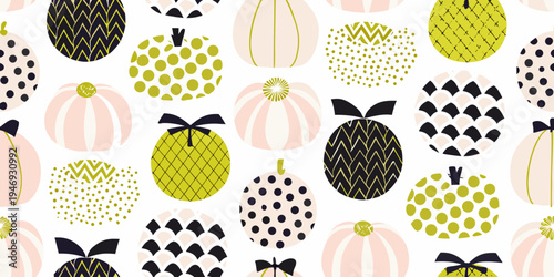 Playful pattern of pineapples and polka dots in muted pastel tones