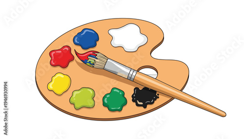 Paint palette with colorful paints and a brush ready for artistic creation