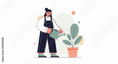 A person wearing overalls waters a potted plant with a watering can, set against a minimalist background with circles