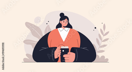 Stylized person with bun hairstyle and glasses holds a cup, surrounded by abstract plant shapes