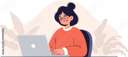 A person with glasses and dark hair in a bun, wearing an orange sweater, sits at a laptop