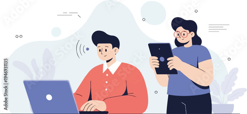 Two people engaged with technology, one at a laptop, the other with a tablet, surrounded by abstract shapes