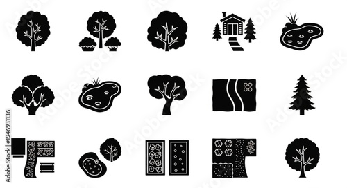 Collection of Black and White Landscape Design Elements.