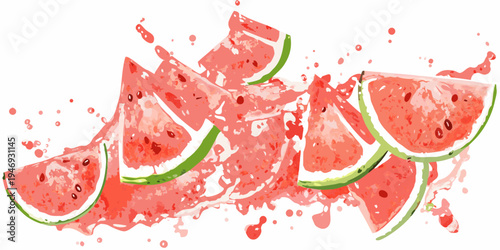Colorful watermelon slices explode with juice in a vibrant illustration