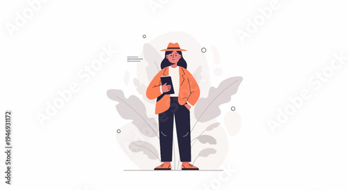 Stylish person in hat and blazer holding tablet, with abstract foliage