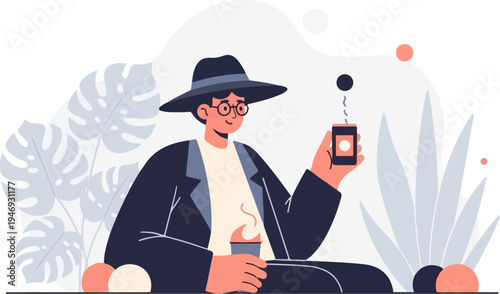 Flat art illustration of a person in a hat holding two cups