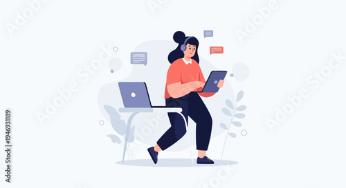 Young person in headphones multitasking on laptop and tablet, with chat bubbles