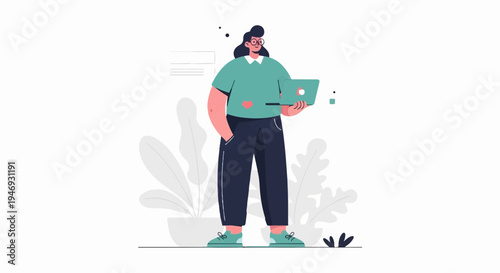 A person in a teal shirt and dark pants holds a laptop while standing near plants