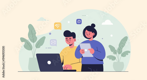 Two individuals collaborate digitally, surrounded by stylized plants and icons