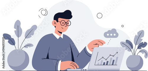 Person at laptop with plant on desk and cloud graphic