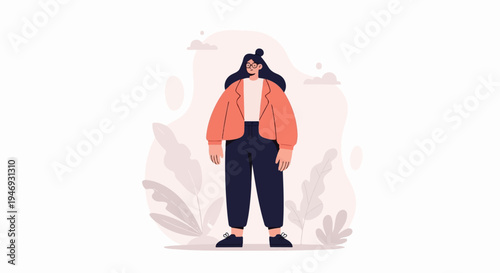 A woman with dark hair, glasses, and a coral jacket stands amid abstract shapes and plants