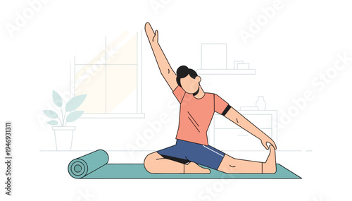 Man in orange shirt sitting on yoga mat with one arm raised and leg stretched