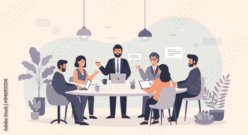 Business meeting with diverse people collaborating around a table, discussing ideas in a modern office space