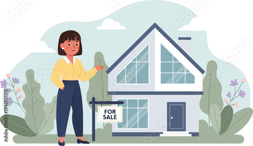 Woman stands near a modern house with a "For Sale" sign, surrounded by foliage and flowers