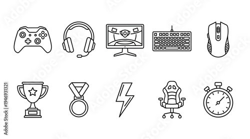 A collection of clean, black outline icons representing gaming essentials, trophies, and victory symbols, perfect for digital or print media related to esports.
