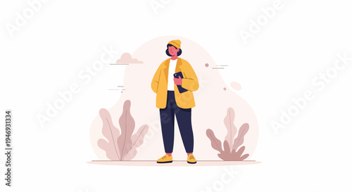 Flat illustration of a person in a yellow jacket holding a tablet, with soft organic shapes