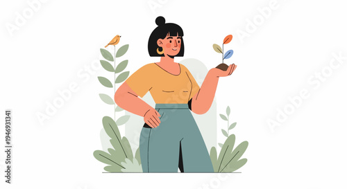 Woman holding seedling with bird and plants