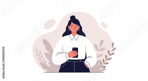Flat illustration of a woman in a white shirt and dark pants holding a phone