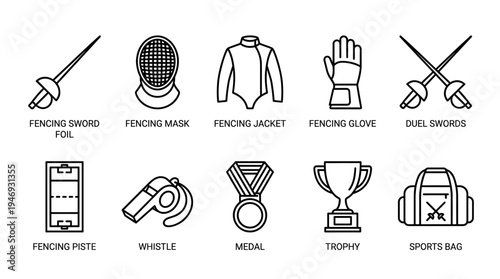 Collection of clean line art icons representing various fencing sports equipment, including swords, mask, jacket, glove, piste, whistle, medal, trophy, and sports bag.