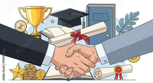 Two hands shaking firmly in agreement, symbolizing a successful partnership or deal, with graduation caps, diplomas, trophies, and books in the background.