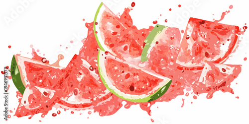 Sliced watermelon with splashing juice in a vibrant artistic illustration