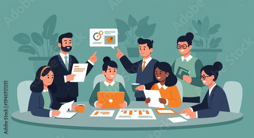 Diverse team collaborates around a table, discussing data and plans with enthusiasm and focus