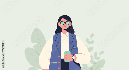 A stylish woman in a blue vest and glasses, holding a phone