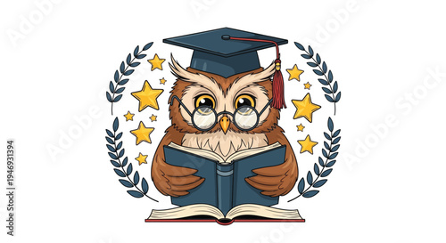 A wise cartoon owl wearing a graduation cap and glasses reads an open book, surrounded by stars and a laurel wreath, embodying studious learning.