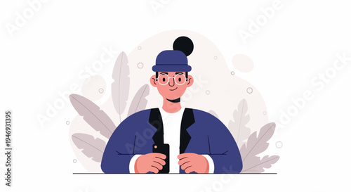 A stylized person in a blue jacket and hat, holding a phone, with plants in the background