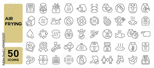 Set of 50 line icons related to air frying, fry, fryer, fried food, air fryer, Editable stroke. Vector illustration