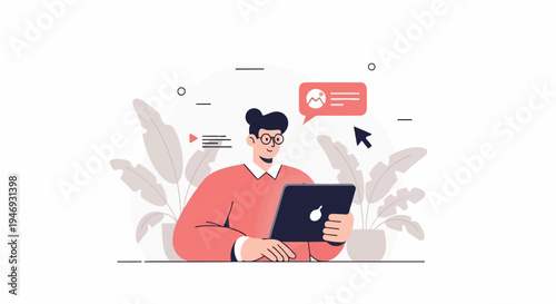 Person in pink sweater using tablet with plants and chat bubble