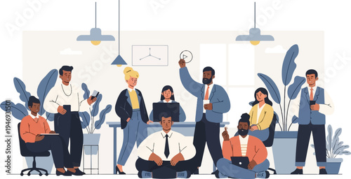 Diverse professionals collaborate in a modern office, sharing ideas and technology