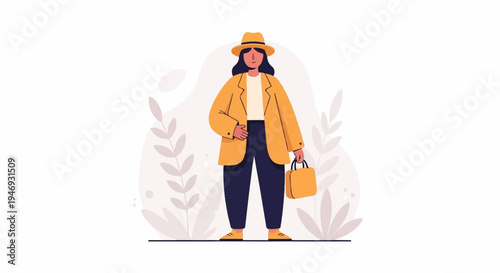 A person in a yellow coat, dark pants, and a hat holds a bag