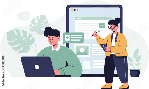 Two individuals collaborate on a digital interface, with one using a laptop and the other interacting with a tablet