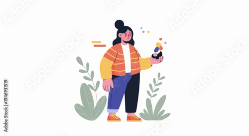 Cartoon woman with colorful objects in hand, surrounded by green leaves