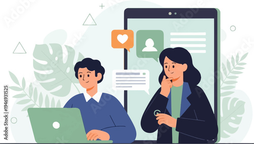 Two people interacting with technology and communication icons amidst foliage