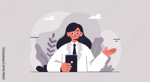 A woman in a lab coat, wearing glasses, holds a tablet and gestures