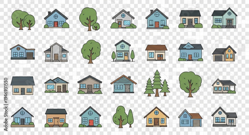 Collection of Cartoon Houses and Trees Illustrations for Real Estate Concepts.