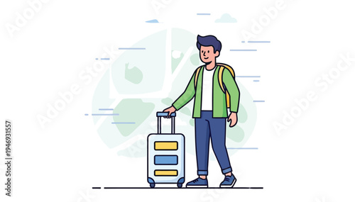 Young traveler standing with luggage ready for adventure and exploration abroad